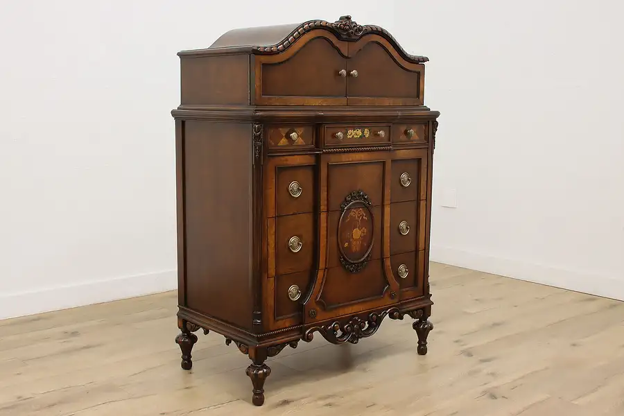 Main image of English Tudor Antique Walnut Marquetry Tall Chest or Dresser