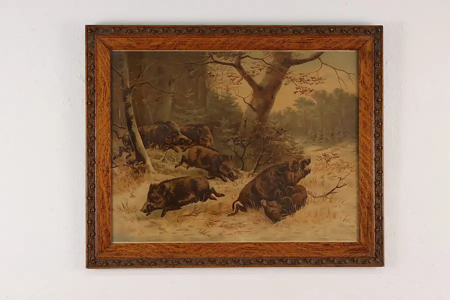 Main image of German Boar Hunt Antique Print Signed 24"