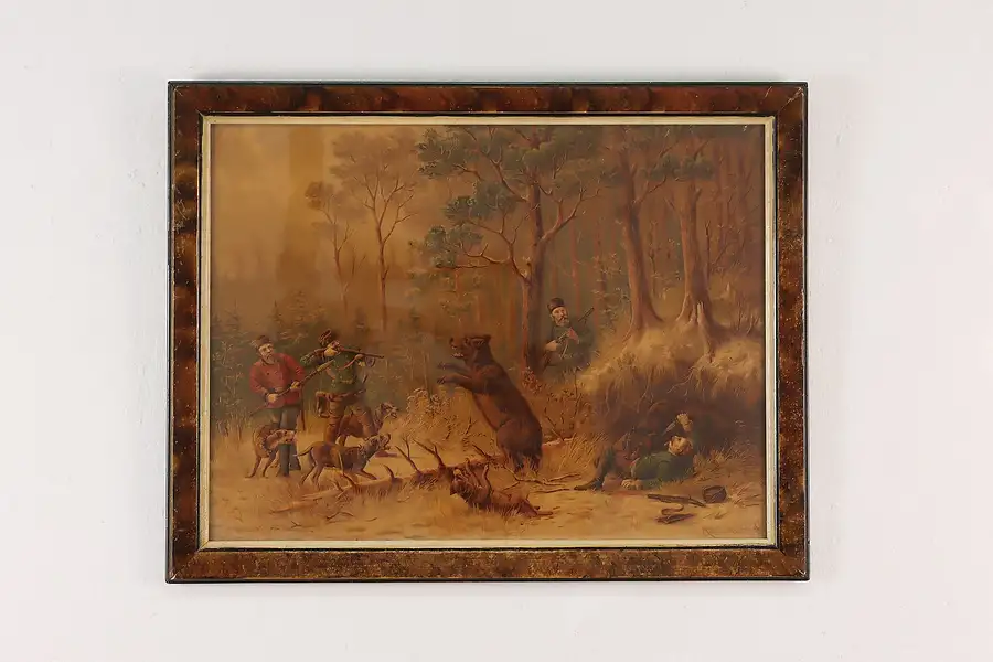 Main image of German Bear Hunt Antique Print Signed 24.5"