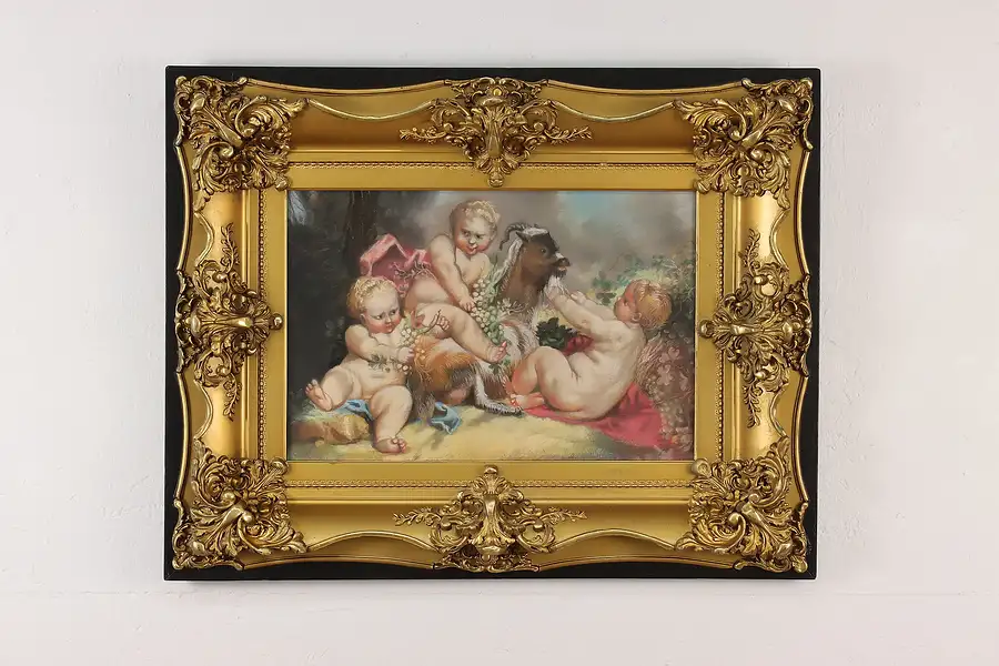 Main image of Cherubs & Goat Vintage Original Pastel Painting, Wood 28"