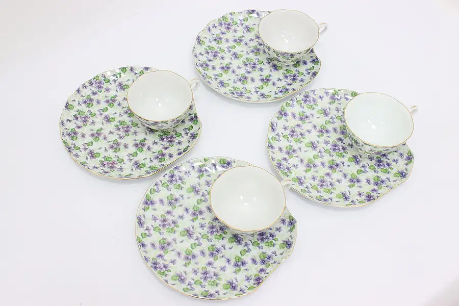 Main image of Lefton Violet Chintz Set of 4 Vintage China Plates & Cups