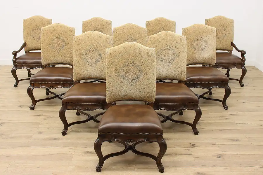 Main image of Set of 10 Country French Leather Dining Chairs, Thomasville