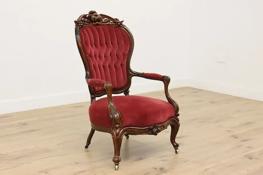 Main image of Victorian Antique Rosewood & Velvet Chair Hand Carved Fruit