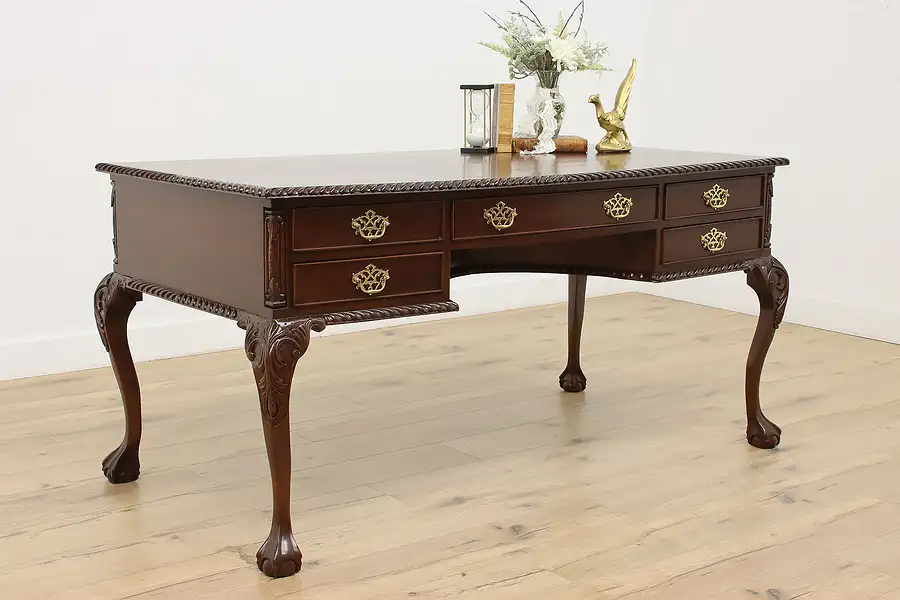 Main image of Georgian Vintage Mahogany Office Library Desk, Claw Feet