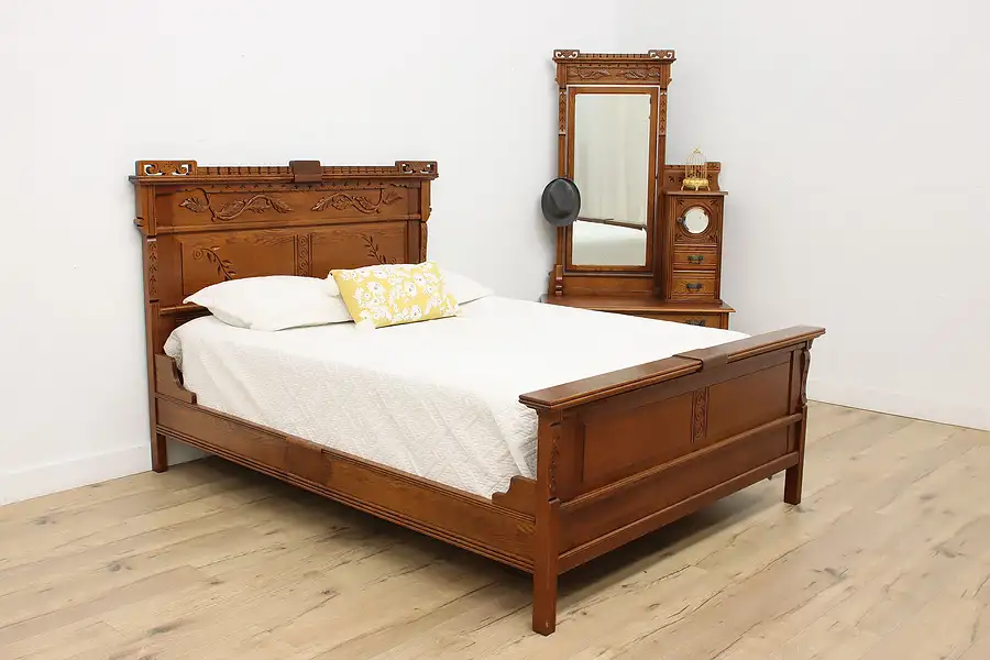 Main image of Victorian Eastlake Antique Oak Bedroom Set Queen Size Bed