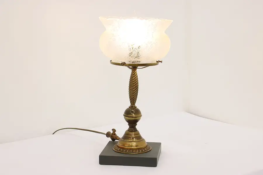 Main image of Victorian Antique Brass & Granite Table Lamp, Etched Shade