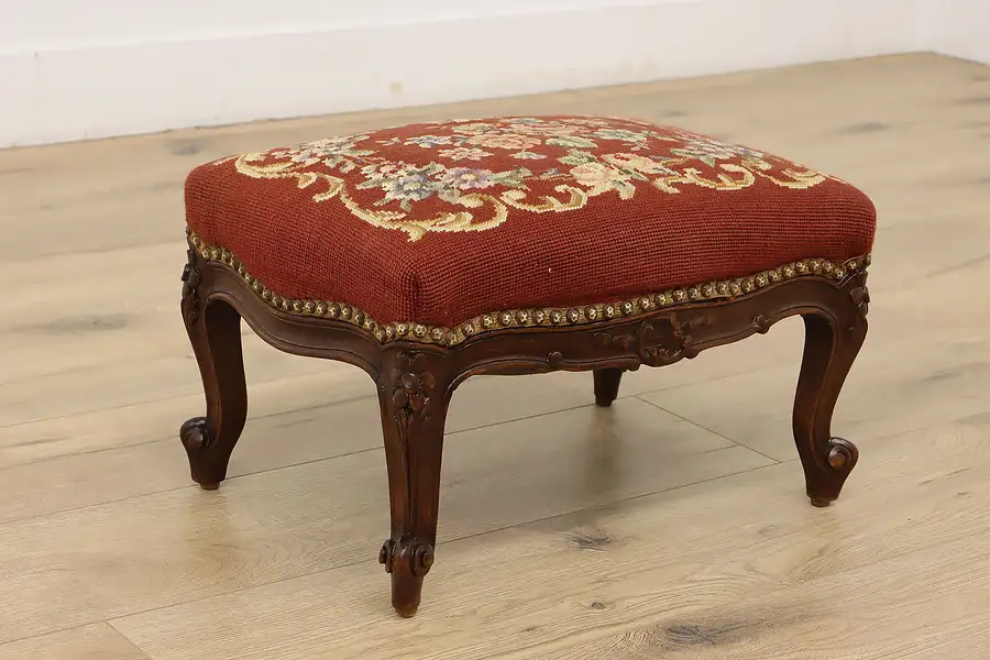 Main image of Country French Carved Walnut Antique Stool, Floral Detail