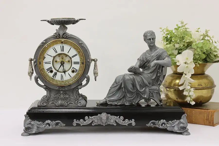 Main image of Roman Scholar Sculpture Antique Mantel Clock, New Haven