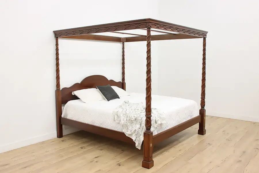 Main image of Georgian Vintage Carved Mahogany 4 Poster King Canopy Bed