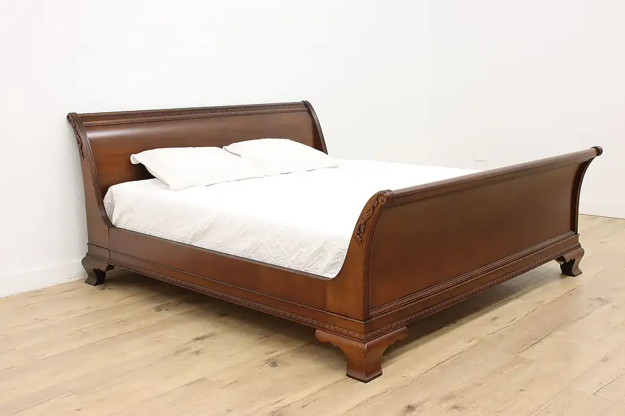 Main image of Henredon Vintage Carved Mahogany King Size Sleigh Bed