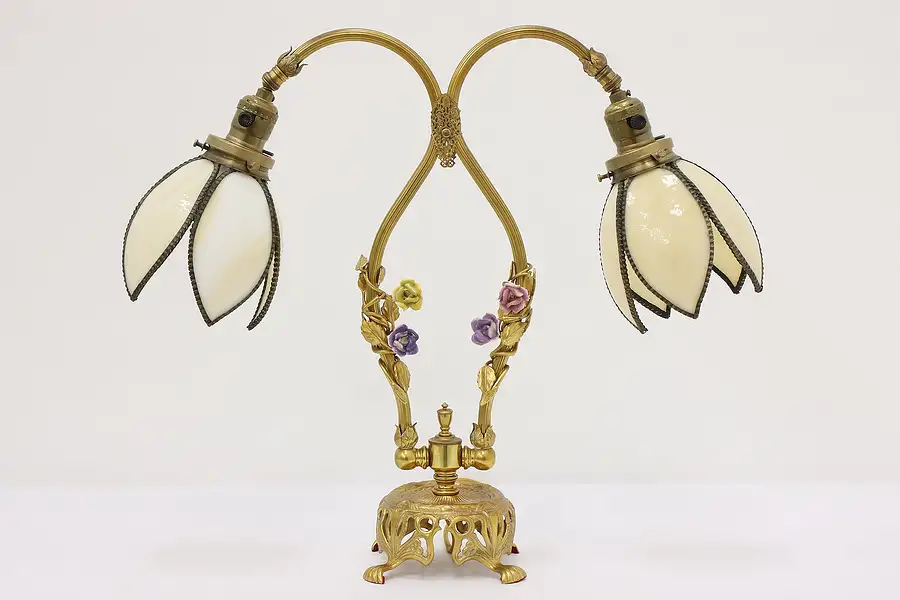 Main image of French Vintage Brass & Stained Glass Flower Shade Desk Lamp