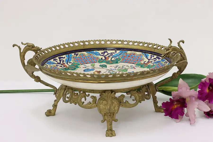 Main image of French Antique Porcelain & Brass Tazza Card Tray, Longwy