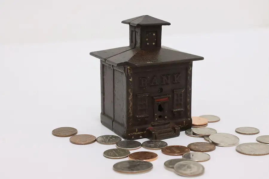 Main image of Traditional Antique Painted Cast Iron "Bank" Coin Bank