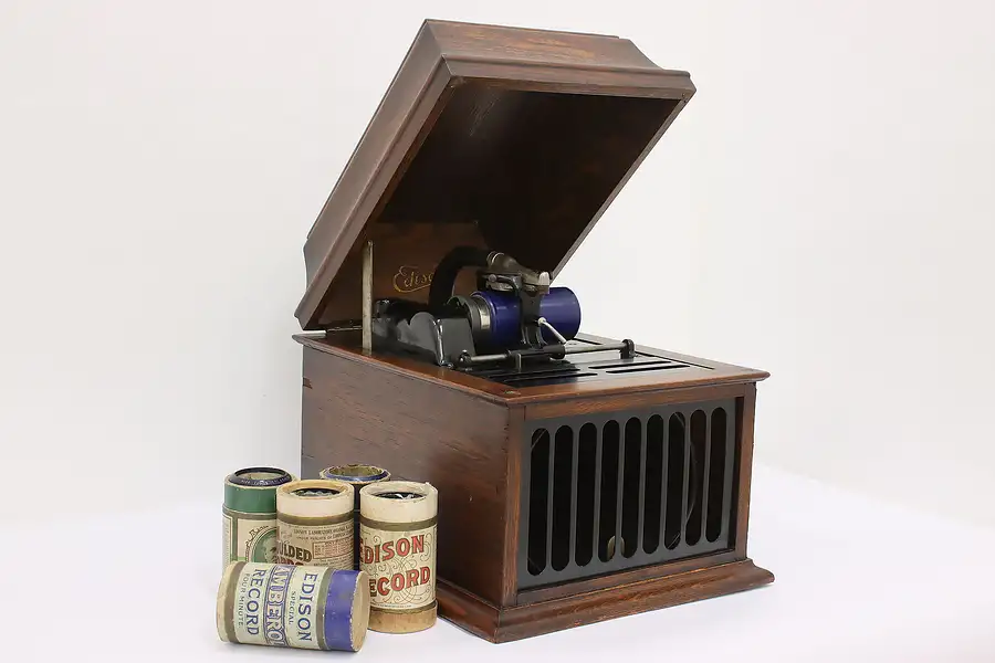 Main image of Edison Amberola Antique Oak Cylinder Phonograph, Records