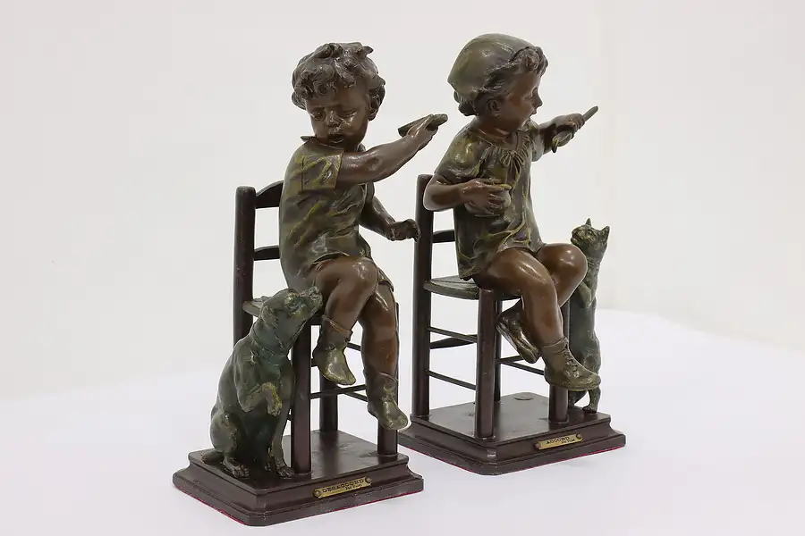 Main image of Pair of French Antique Children & Pet Sculptures, Pillet