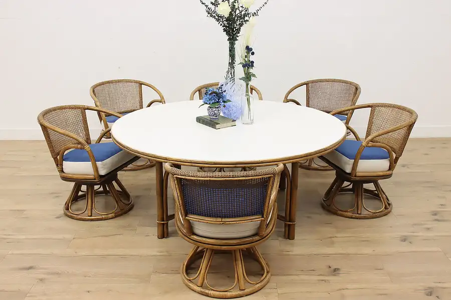 Main image of Wicker Vintage Poker Game Set, Table & 6 Chairs, Ficks Reed