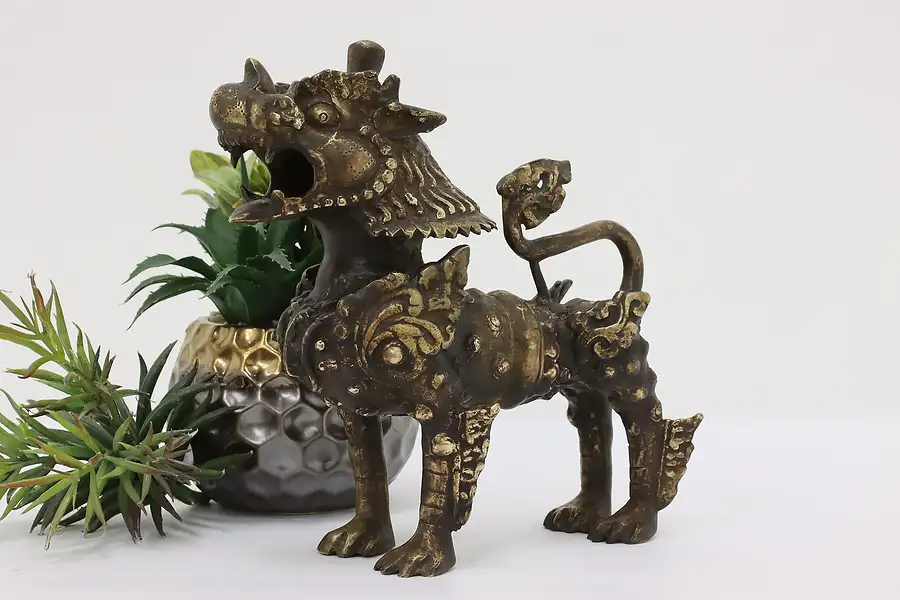 Main image of Asian Antique Brass Guardian Temple Lion Foo Dog Sculpture