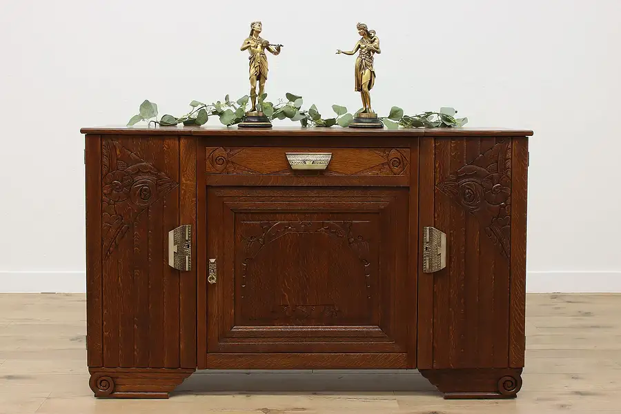 Main image of Art Deco Antique Carved Oak Sideboard Server TV Console, Bar