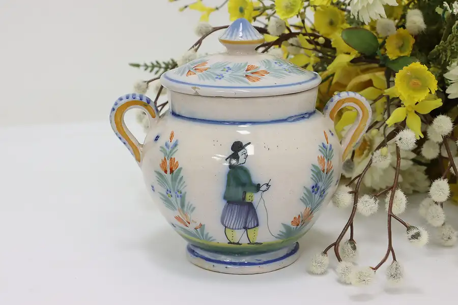 Main image of French Vintage Hand Painted Sugar Bowl & Lid, Quimper