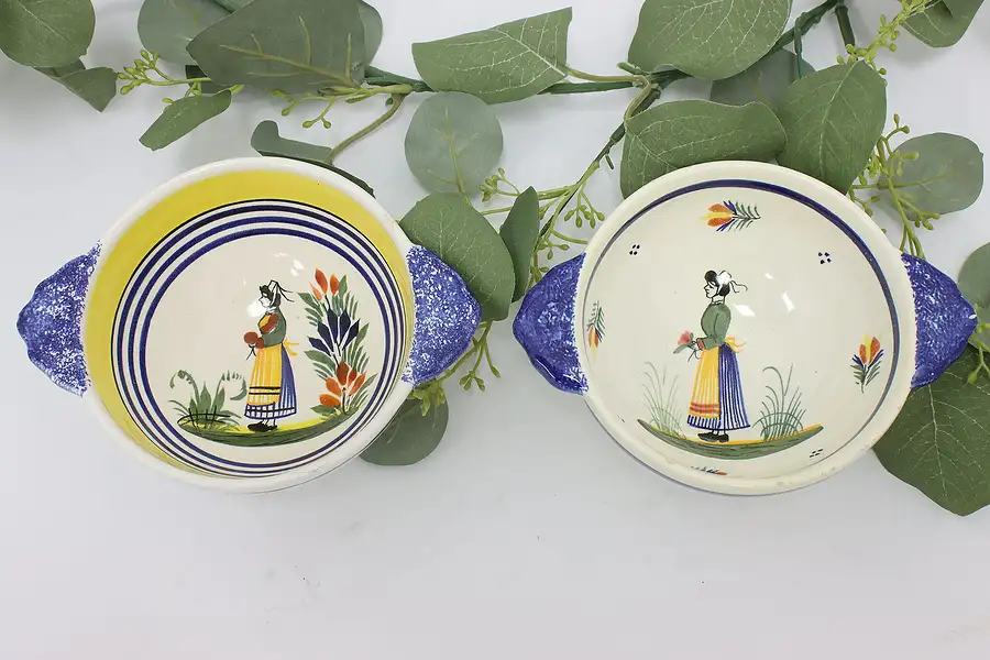 Main image of Pair of French Vintage Quimper Hand Painted Porringer Bowls