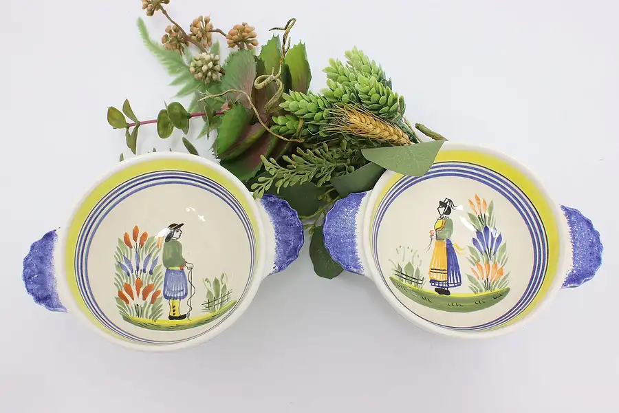 Main image of Pair of French Vintage Quimper Hand Painted Porringer Bowls