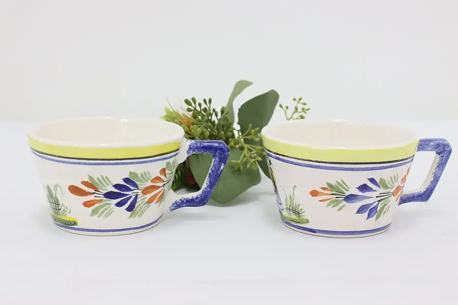 Main image of Pair of Quimper Vintage Hand Painted Coffee Cups or Mugs