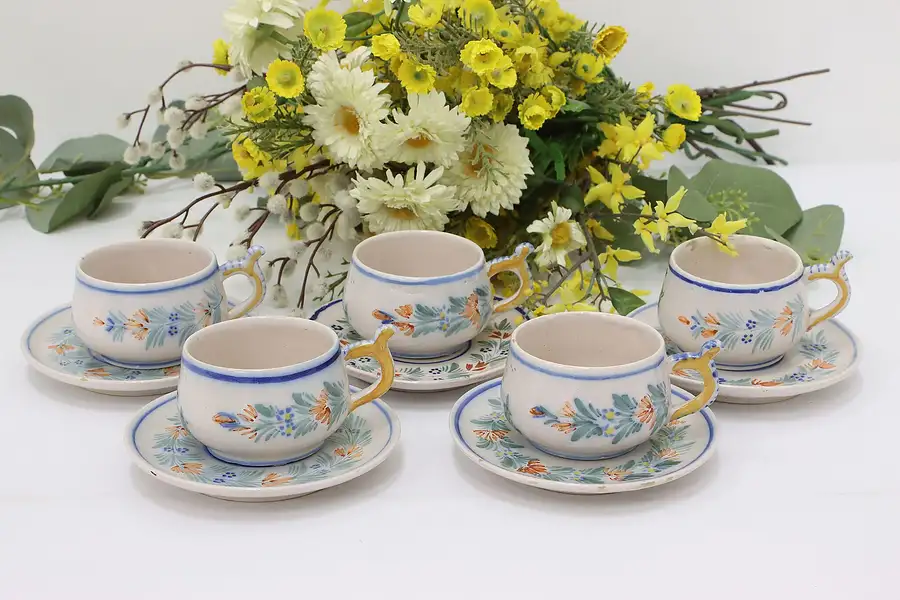 Main image of Set of 5 Vintage Quimper Hand Painted Tea Cups & Saucers