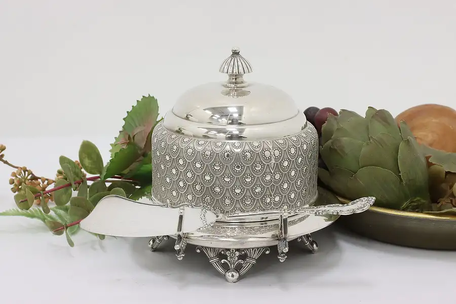 Main image of Victorian Antique Silverplate Butter Dish & Knife, Tufts