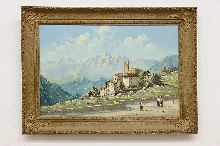 Main image of Italian Beach Villa Vintage Original Oil Painting Signed 44"