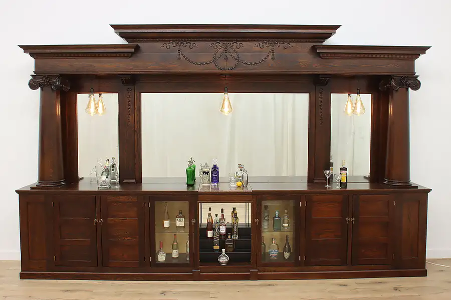 Main image of Victorian Antique Carved Oak & Marble 16' Lighted Back Bar