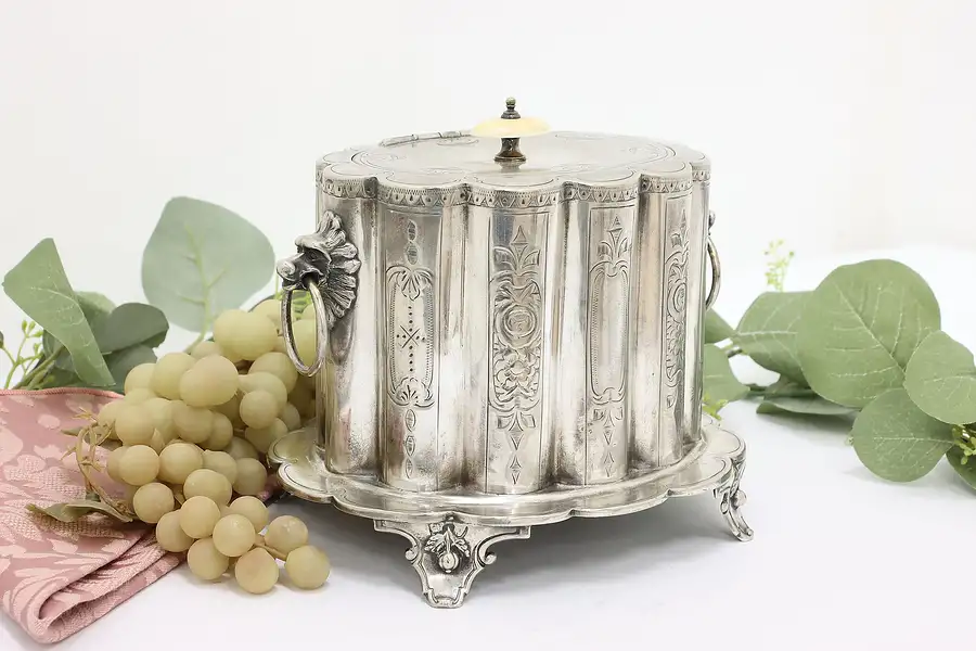 Main image of Victorian Antique English Silverplate Tea Caddy, Lion Heads