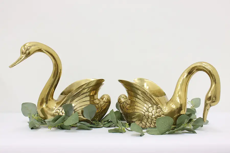 Main image of Pair of Vintage Brass Swan Sculptures or Planters