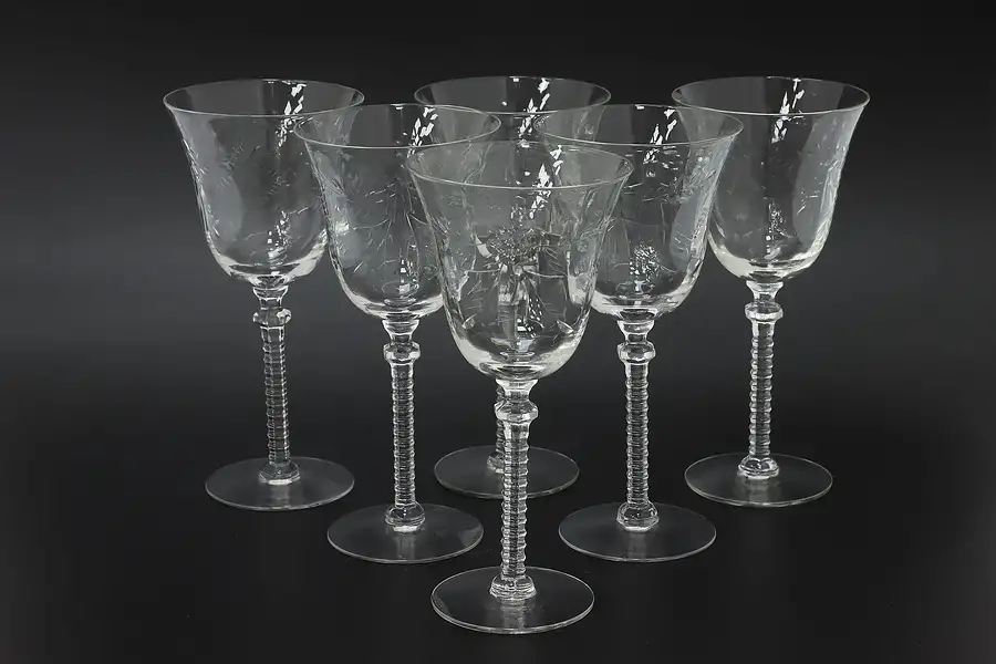 Main image of Set of 6 Vintage Goblet Wine Glasses, Etched Flowers