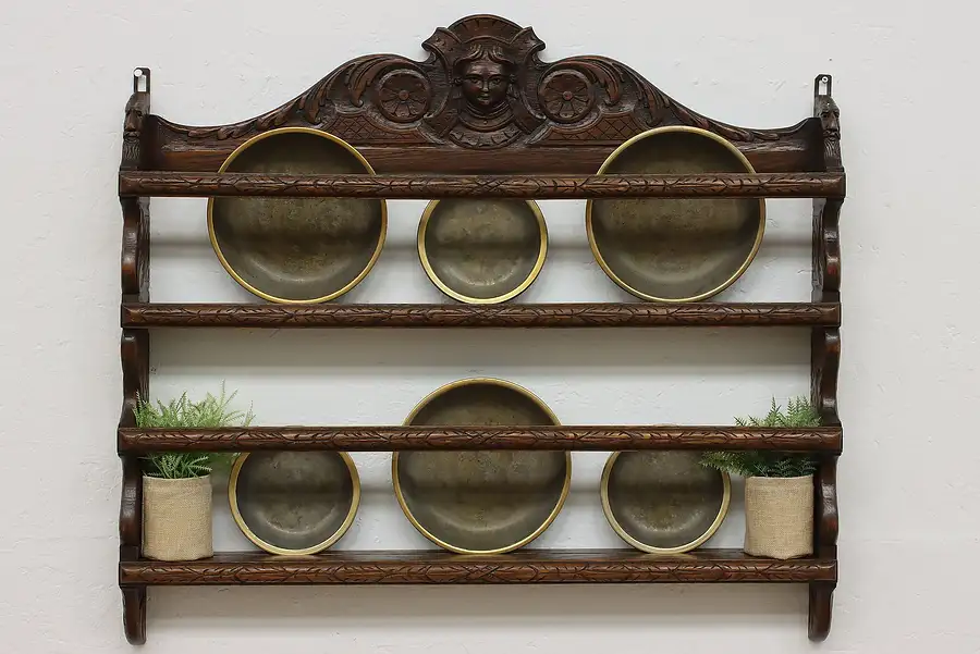 Main image of Dutch Antique Hand Carved Heads Oak Plate Display Rack