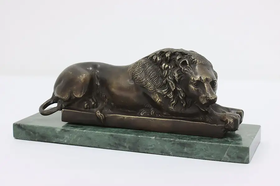 Main image of Bronze Lion Vintage Sculpture on Green Marble Base