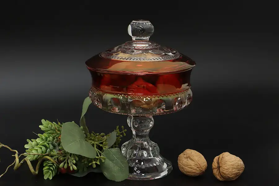 Main image of Thumbprint Vintage Cranberry Glass Candy Dish