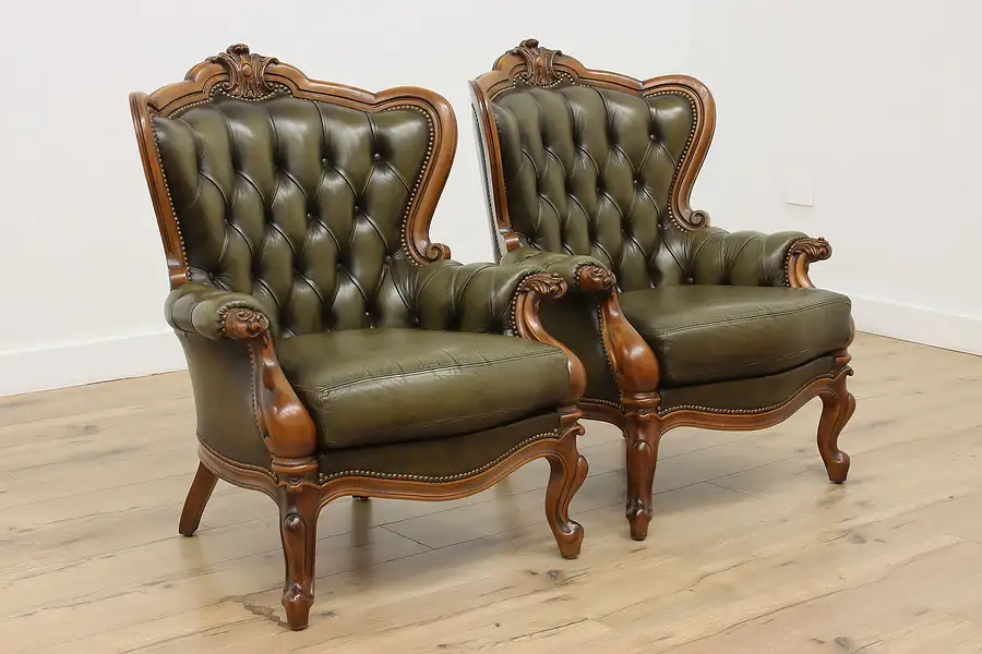 Main image of Pair of Rococo Vintage Carved Wing Chairs, Tufted Leather