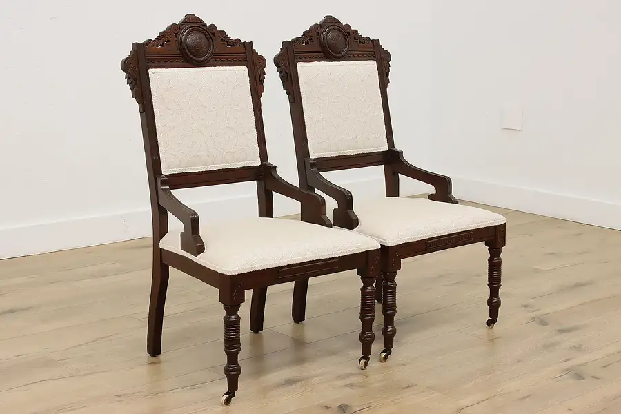 Main image of Pair of Victorian Eastlake Antique Walnut Chairs, Swans