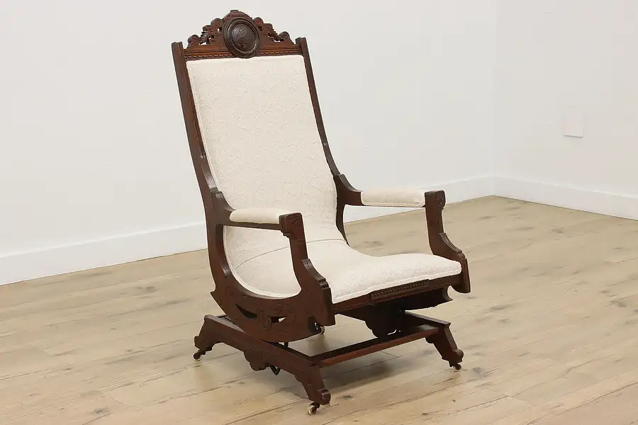 Main image of Victorian Eastlake Antique Walnut Rocking Chair, Carved Swan