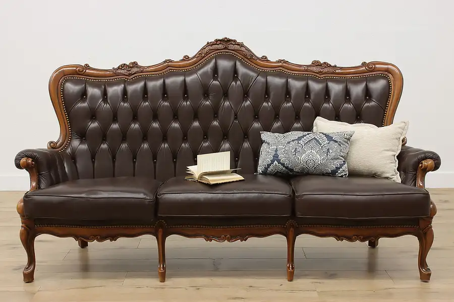 Main image of Rococo Vintage Carved Tufted Leather Sofa or Couch, Salotti