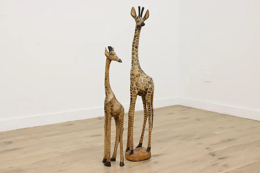 Main image of Pair of Vintage Carved & Painted African Giraffe Statues 49"