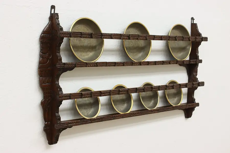 Main image of Renaissance Design Oak Antique Plate Rack, Carved Faces 46"