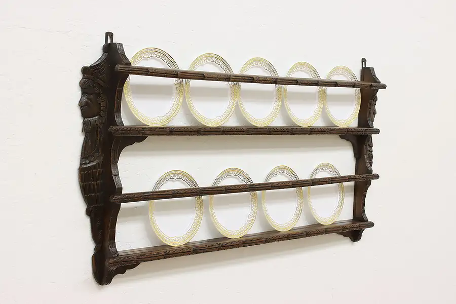 Main image of Dutch Carved Couple Oak Antique Plate Rack 47"