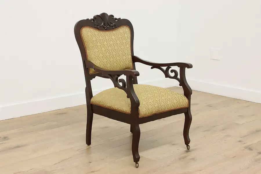 Main image of Victorian Antique Carved Birch Upholstered Library Chair