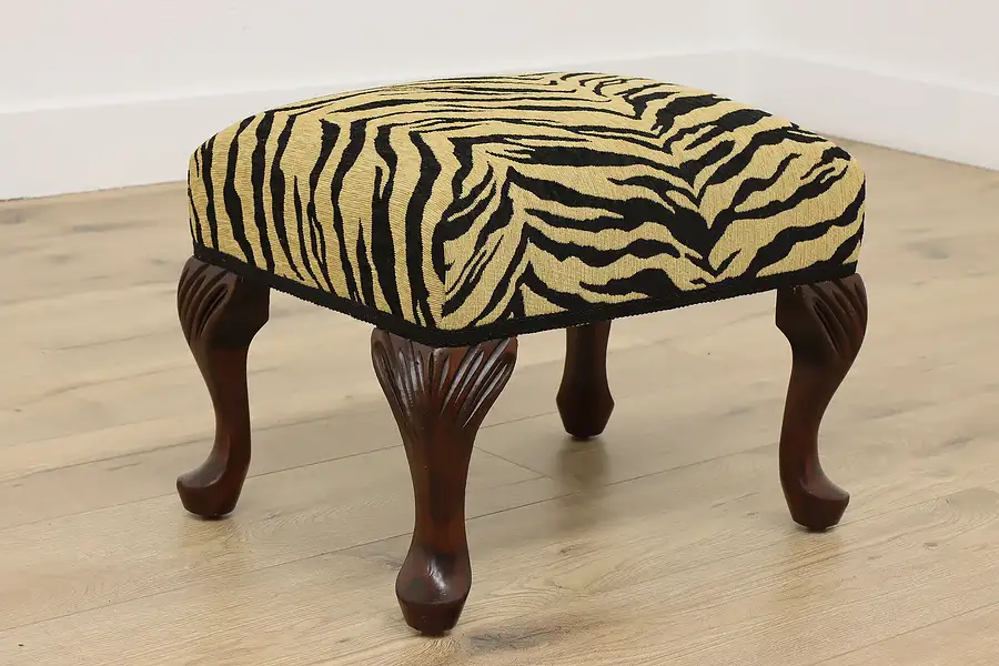 Main image of Traditional Vintage Carved Birch Footstool, Tiger Fabric