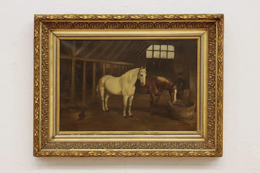 Main image of Racing Horse Stable Antique Original Oil Painting 24"