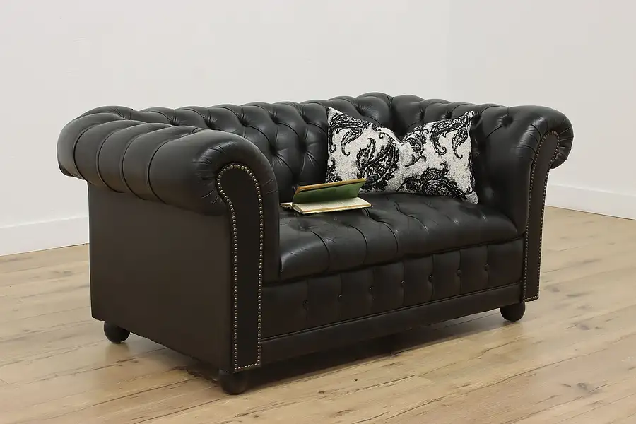 Main image of Chesterfield Vintage Tufted Black Leather Loveseat or Sofa