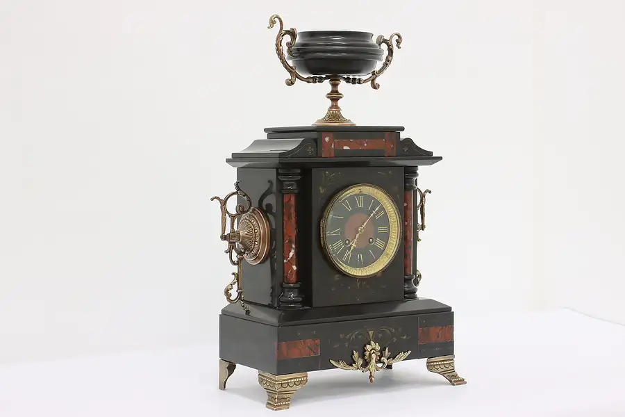 Main image of French Antique Bronze & Carved Marble Mantel Clock, Japy Fr.