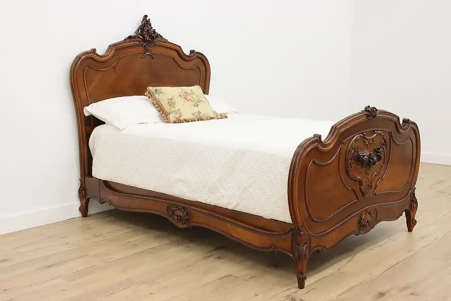 Main image of French Antique Carved Walnut Bed New Custom Mattress