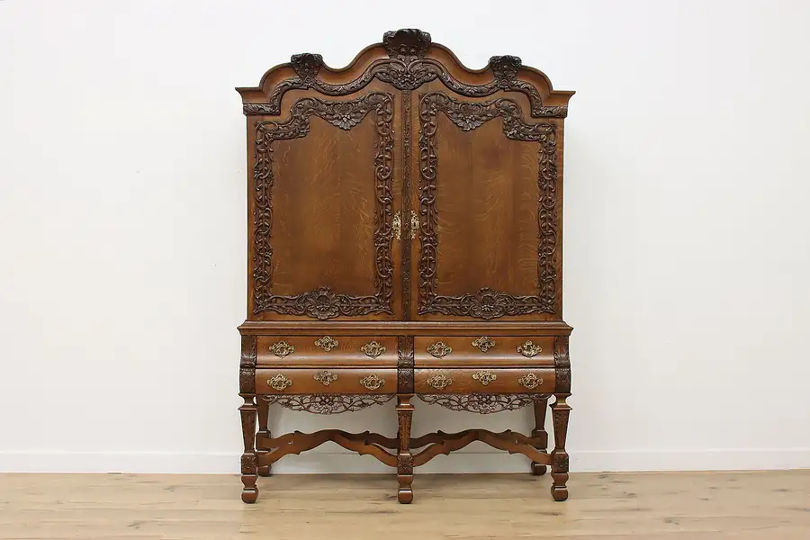 Main image of Dutch Antique Oak Cabinet Armoire Wardrobe Carved Flowers